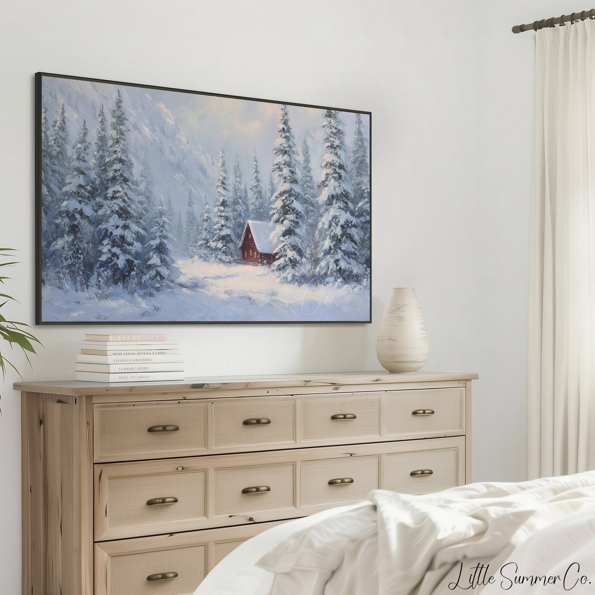 Red Cabin Snowy Mountain Pines Frame TV Art displayed on a TV