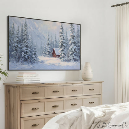 Red Cabin Snowy Mountain Pines Frame TV Art displayed on a TV