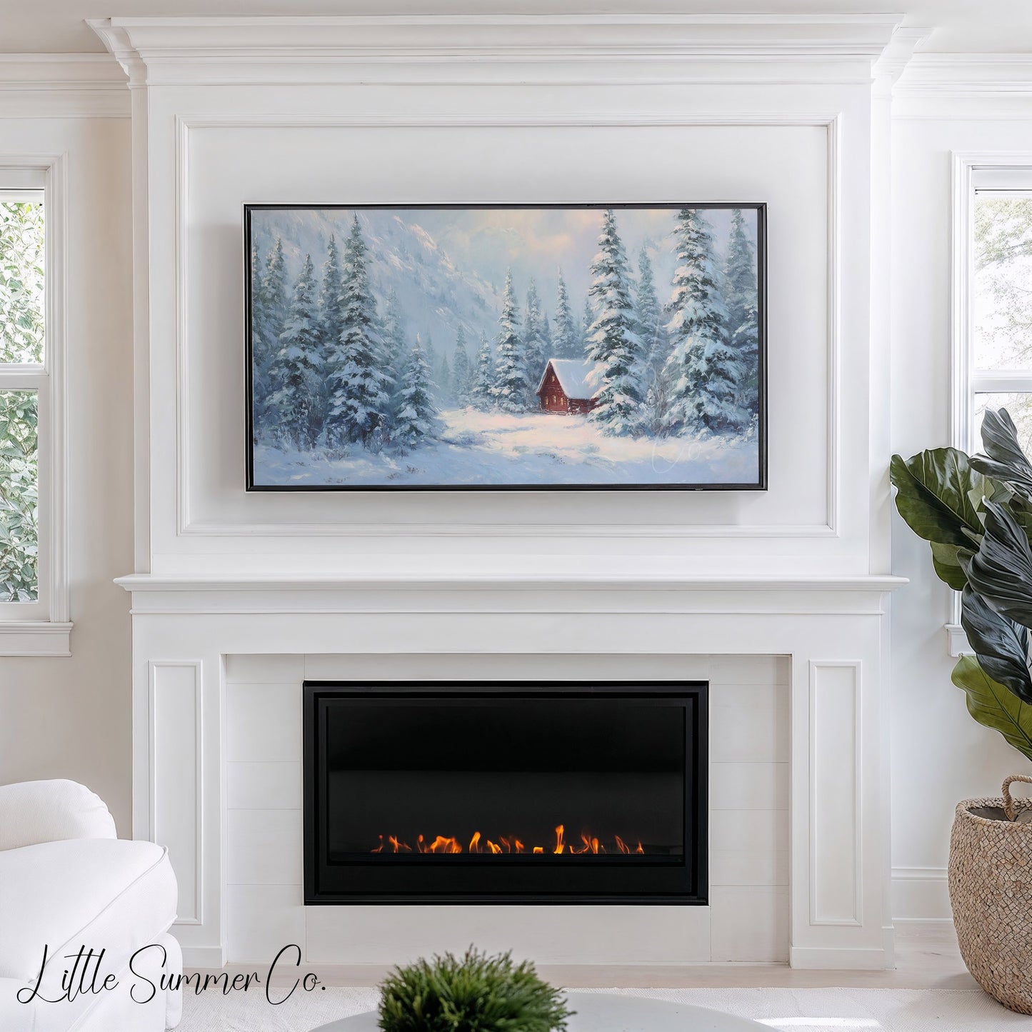 Red Cabin Snowy Mountain Pines Frame TV Art displayed on a TV