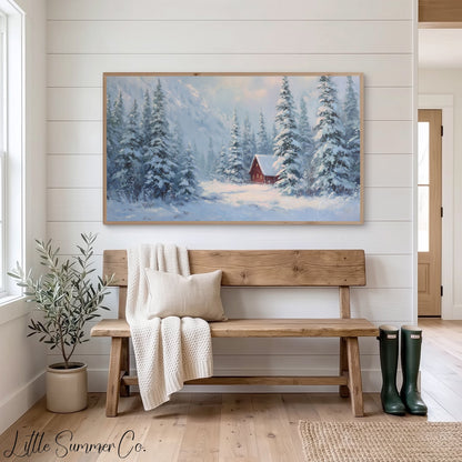 Red Cabin Snowy Mountain Pines Frame TV Art displayed on a TV