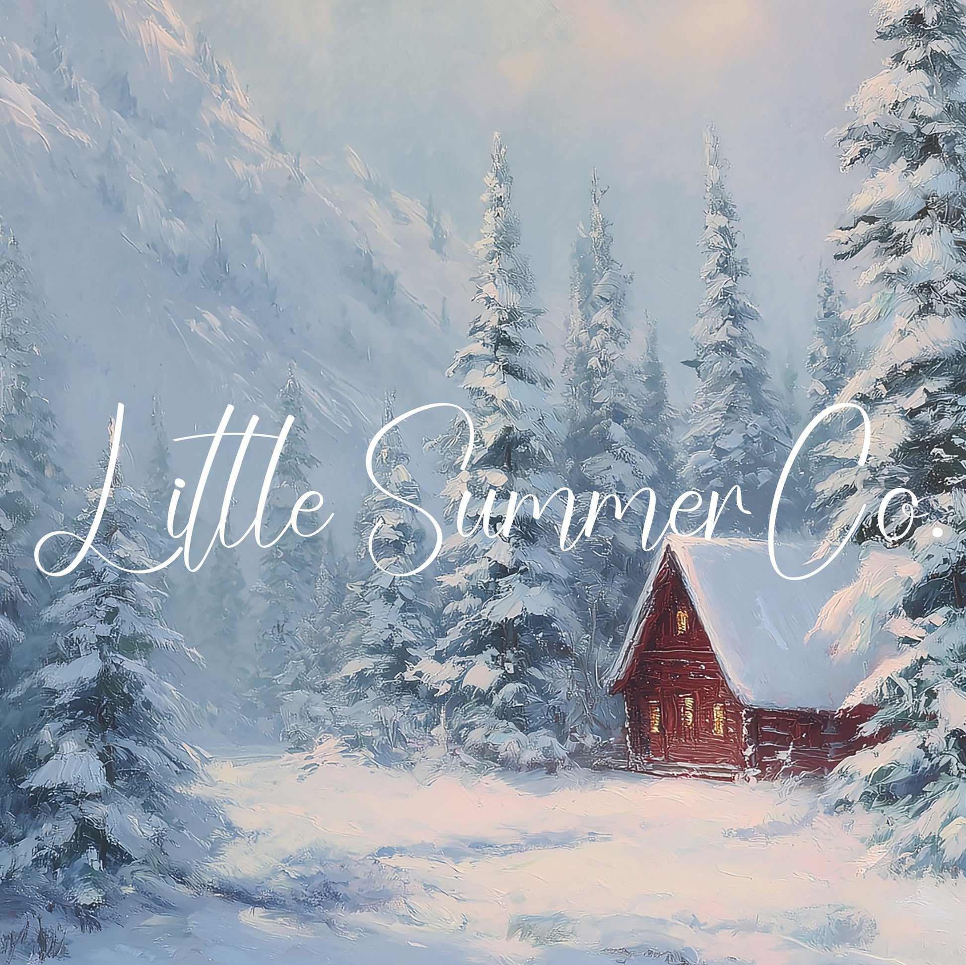 Red Cabin Snowy Mountain Pines Frame TV Art displayed on a TV