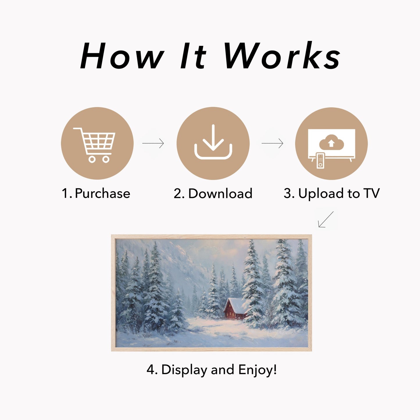 Red Cabin Snowy Mountain Pines Frame TV Art displayed on a TV