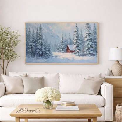 Red Cabin Snowy Mountain Pines Frame TV Art displayed on a TV