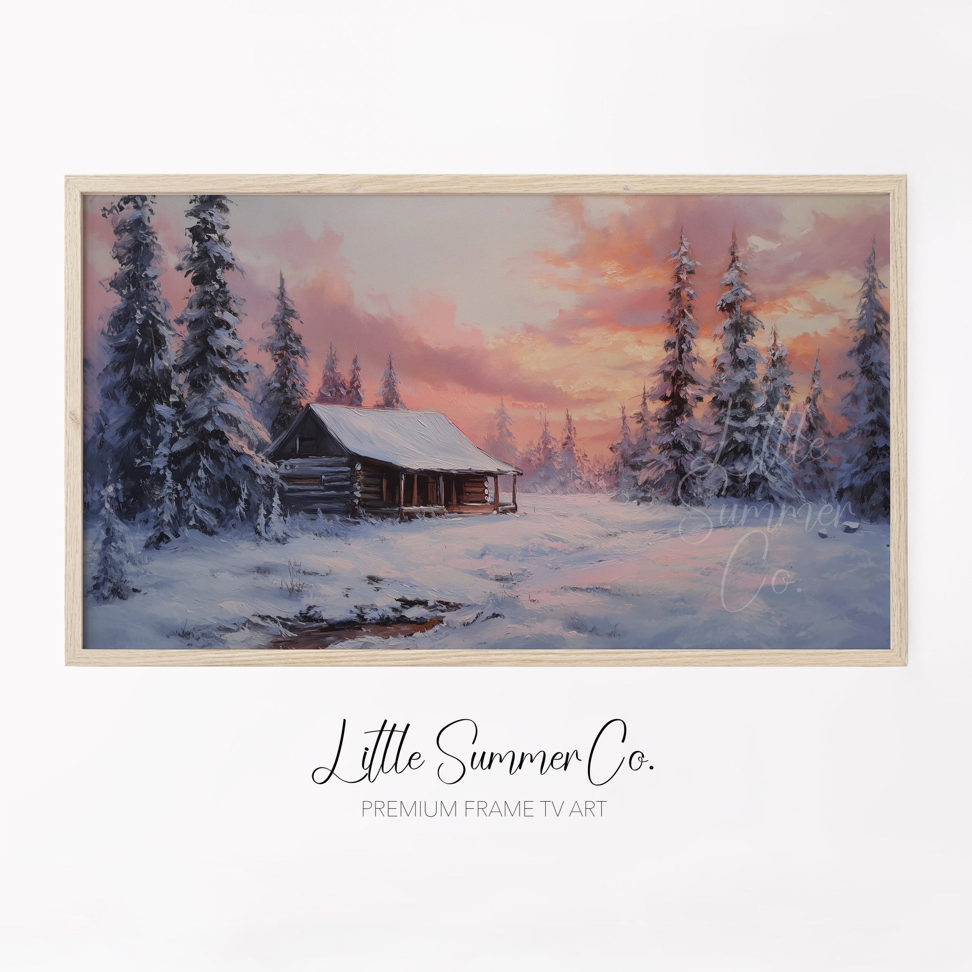 Snowy Cabin Sunset Forest Frame TV Art displayed on a TV