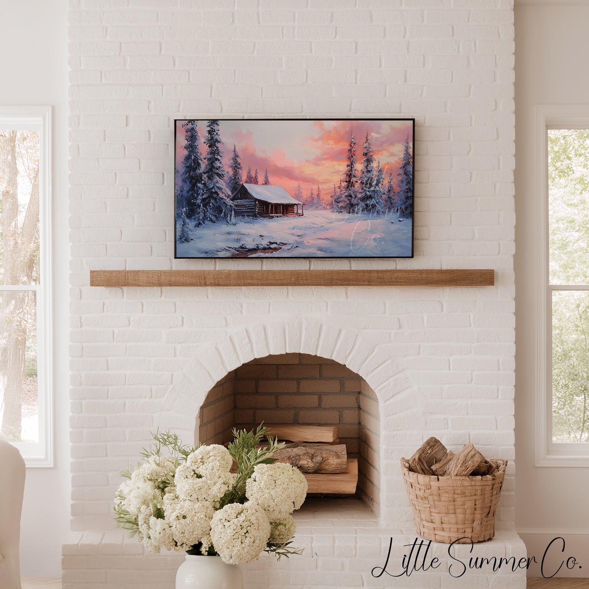 Snowy Cabin Sunset Forest Frame TV Art displayed on a TV