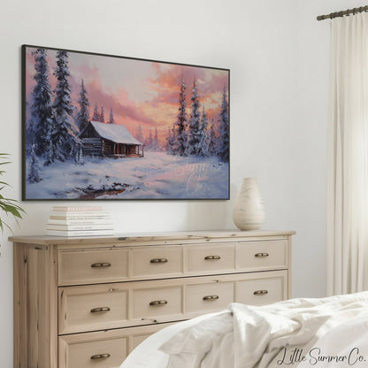 Snowy Cabin Sunset Forest Frame TV Art displayed on a TV