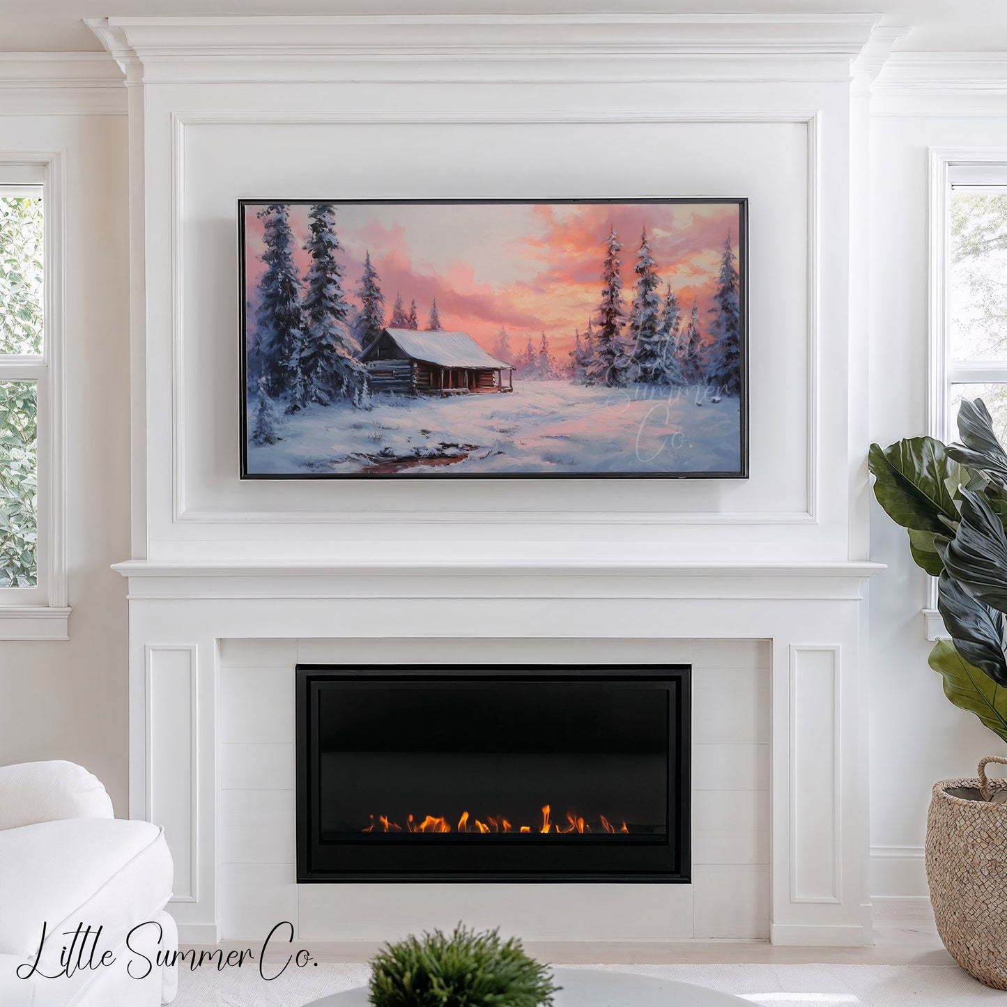 Snowy Cabin Sunset Forest Frame TV Art displayed on a TV