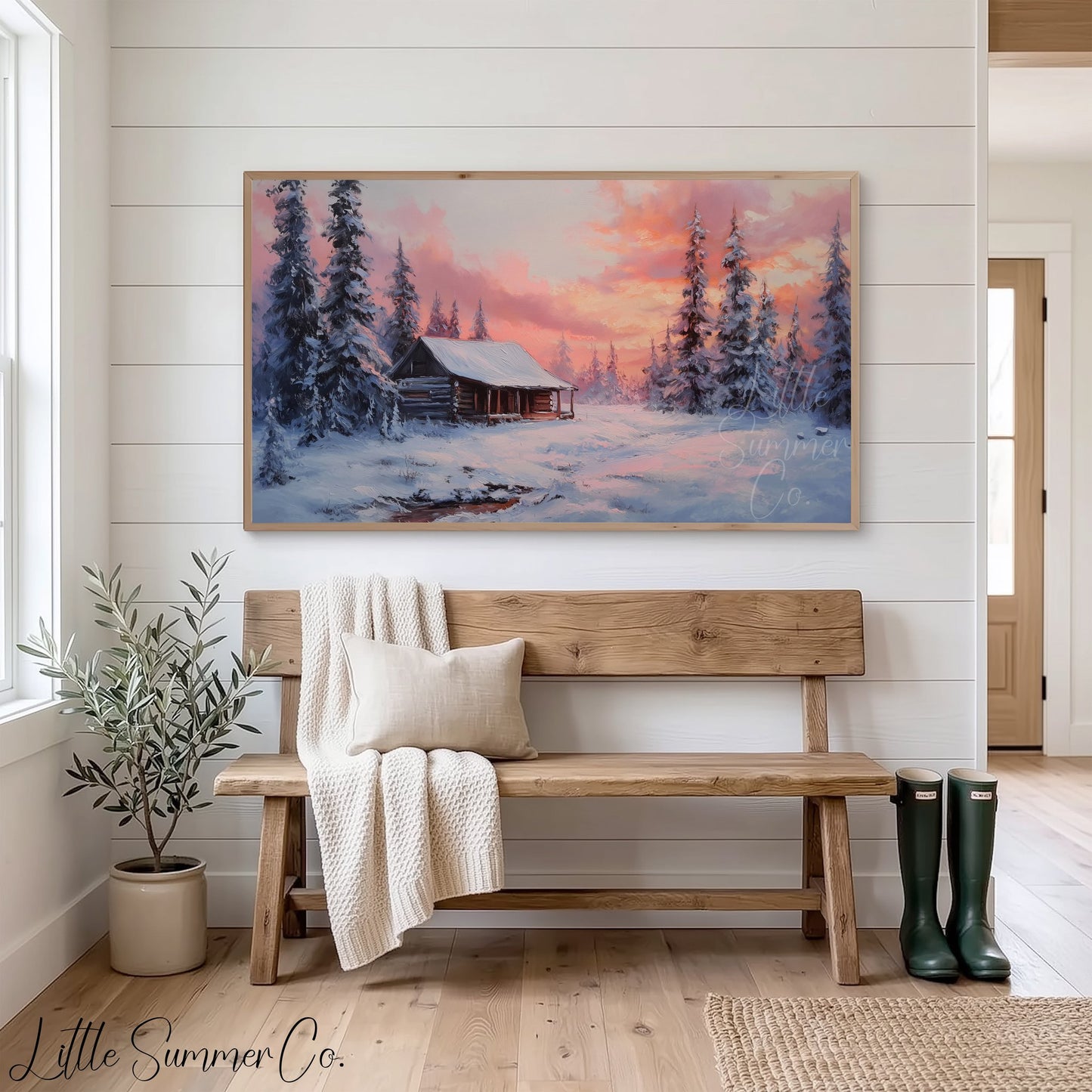 Snowy Cabin Sunset Forest Frame TV Art displayed on a TV