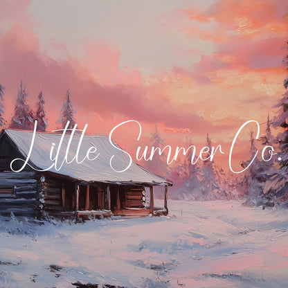 Snowy Cabin Sunset Forest Frame TV Art displayed on a TV