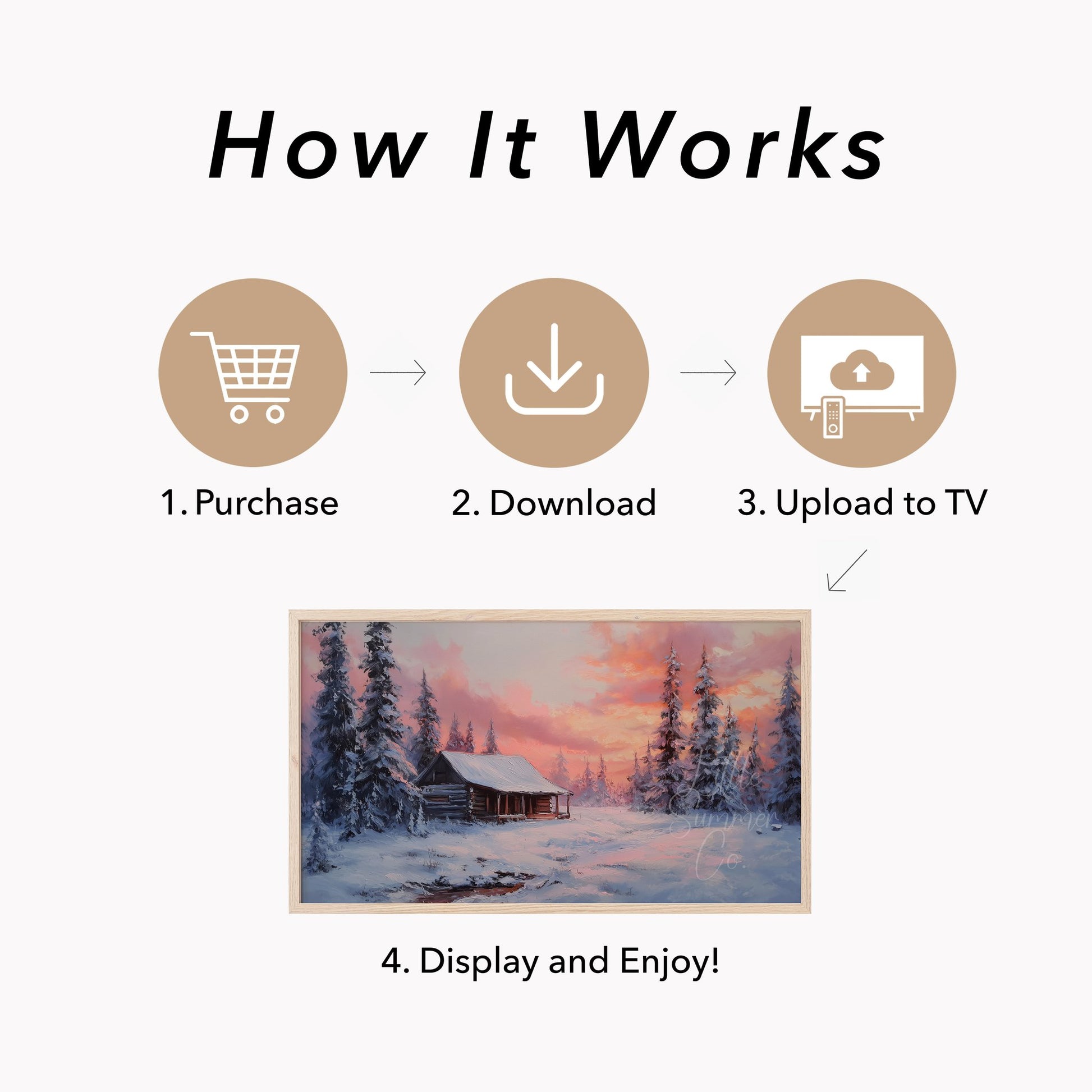 Snowy Cabin Sunset Forest Frame TV Art displayed on a TV