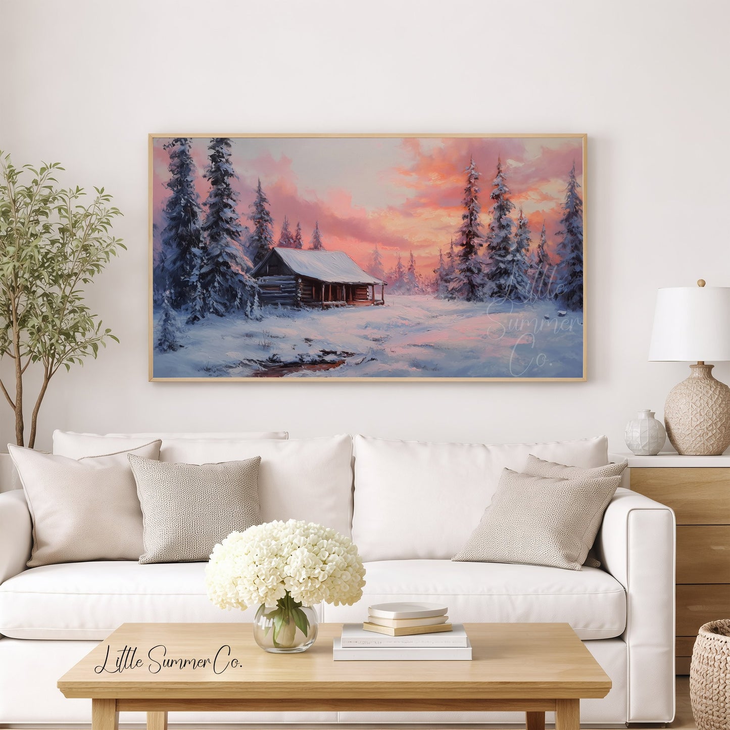 Snowy Cabin Sunset Forest Frame TV Art displayed on a TV