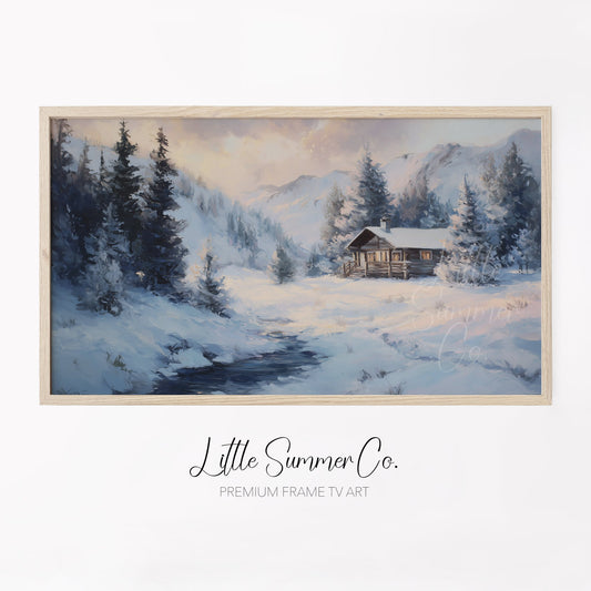 Mountain Cabin Stream Frame TV Art displayed on a TV