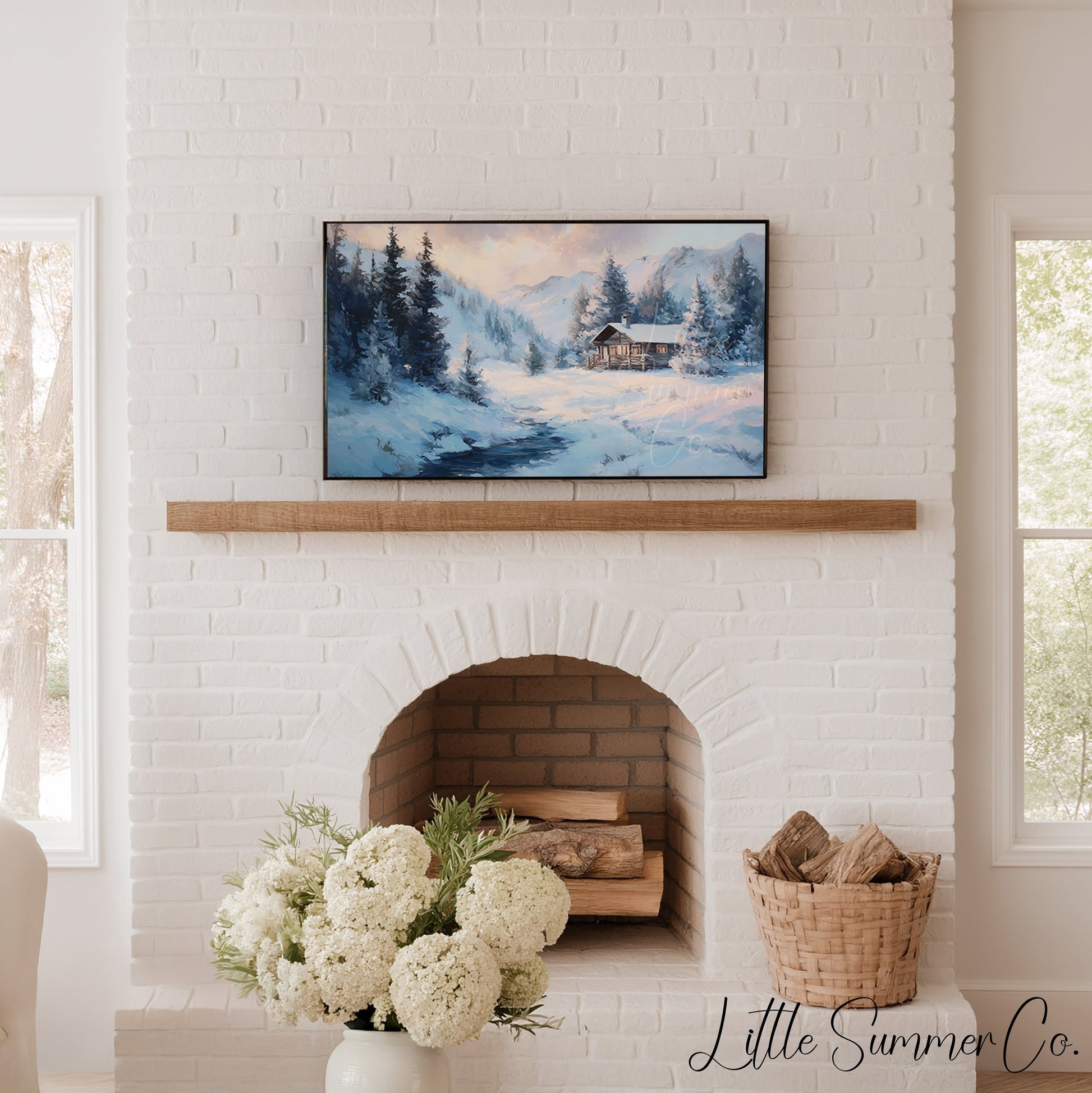 Mountain Cabin Stream Frame TV Art displayed on a TV