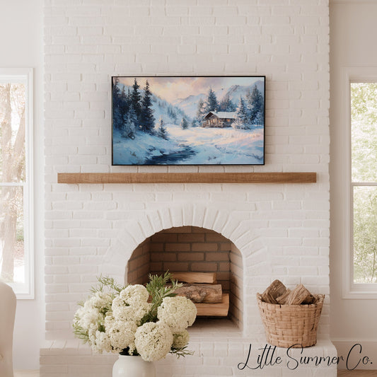 Mountain Cabin Stream Frame TV Art displayed on a TV