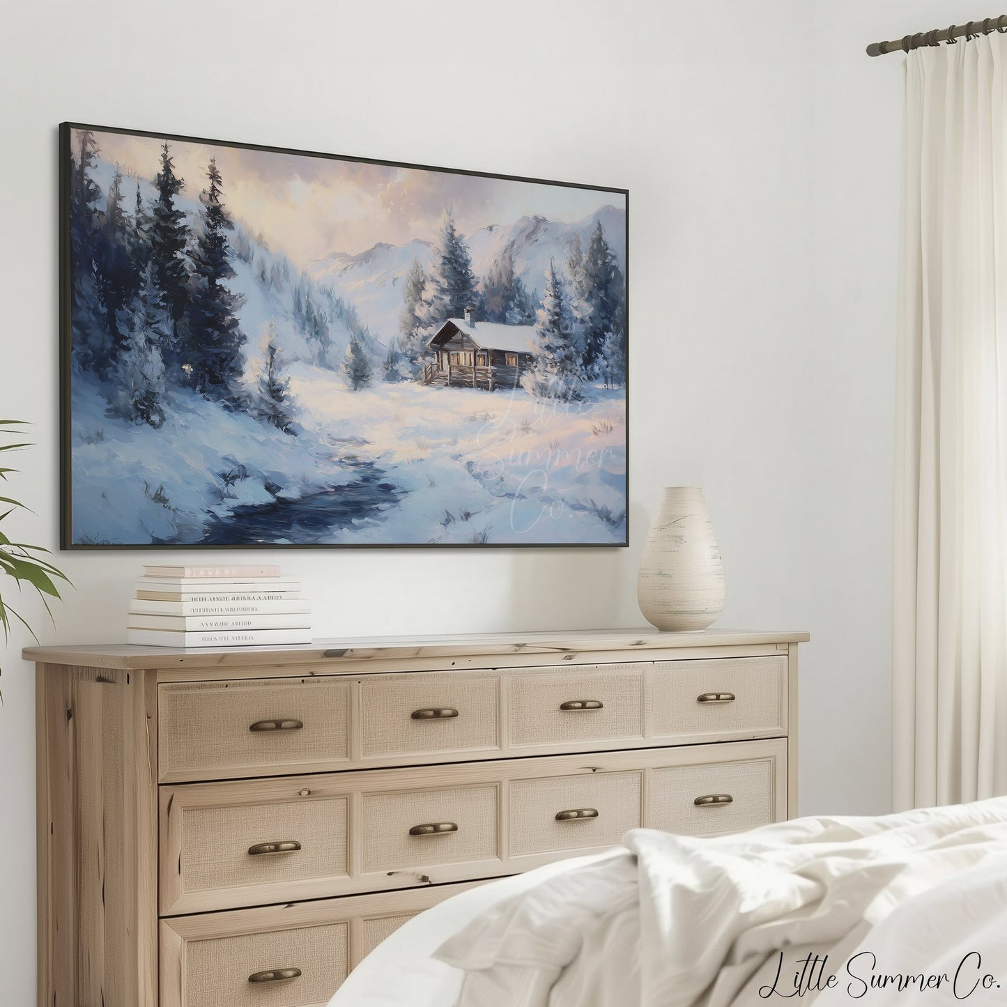 Mountain Cabin Stream Frame TV Art displayed on a TV
