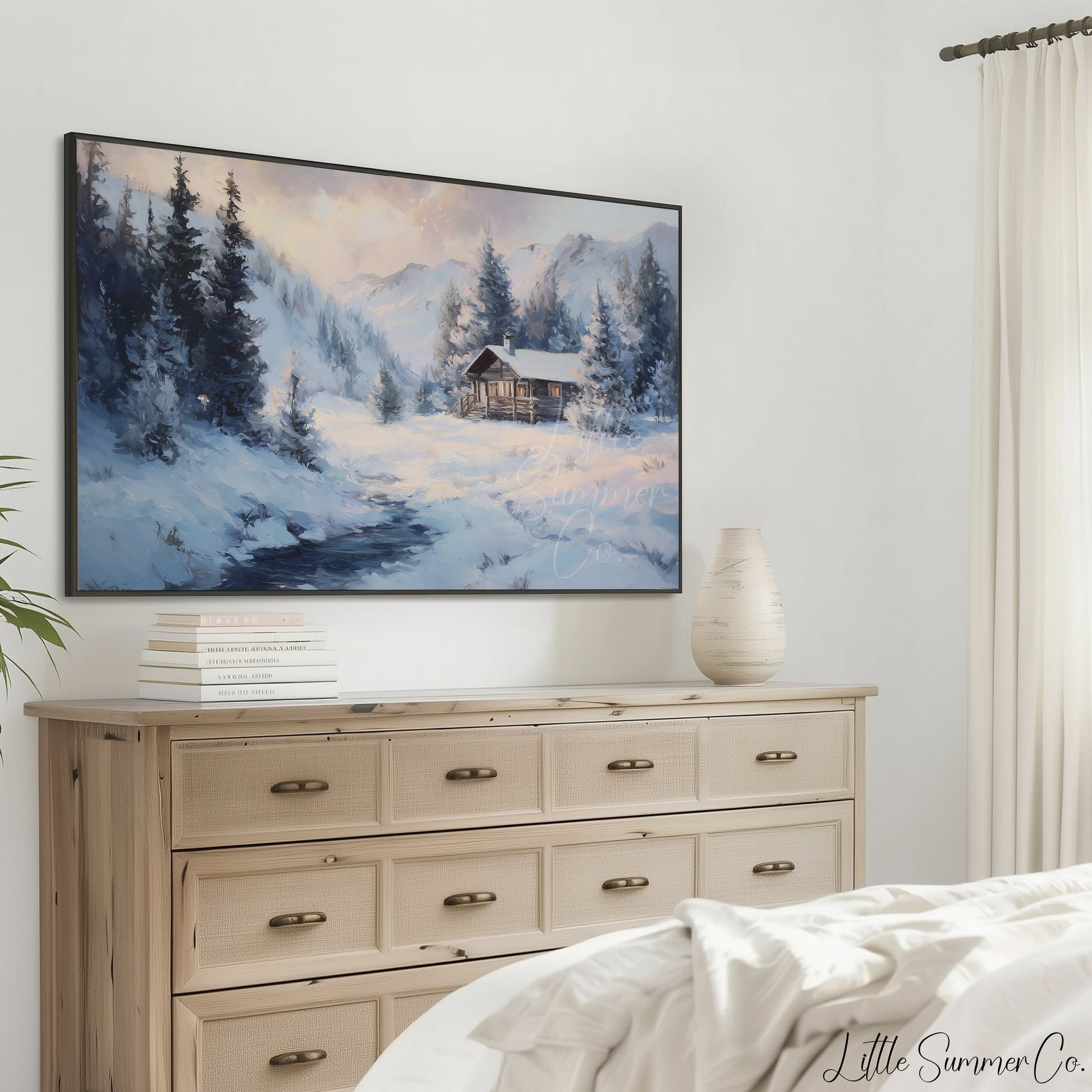 Mountain Cabin Stream Frame TV Art displayed on a TV