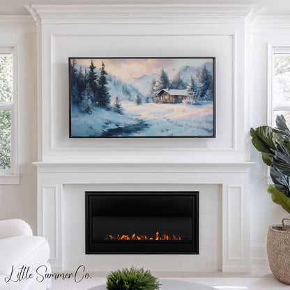 Mountain Cabin Stream Frame TV Art displayed on a TV