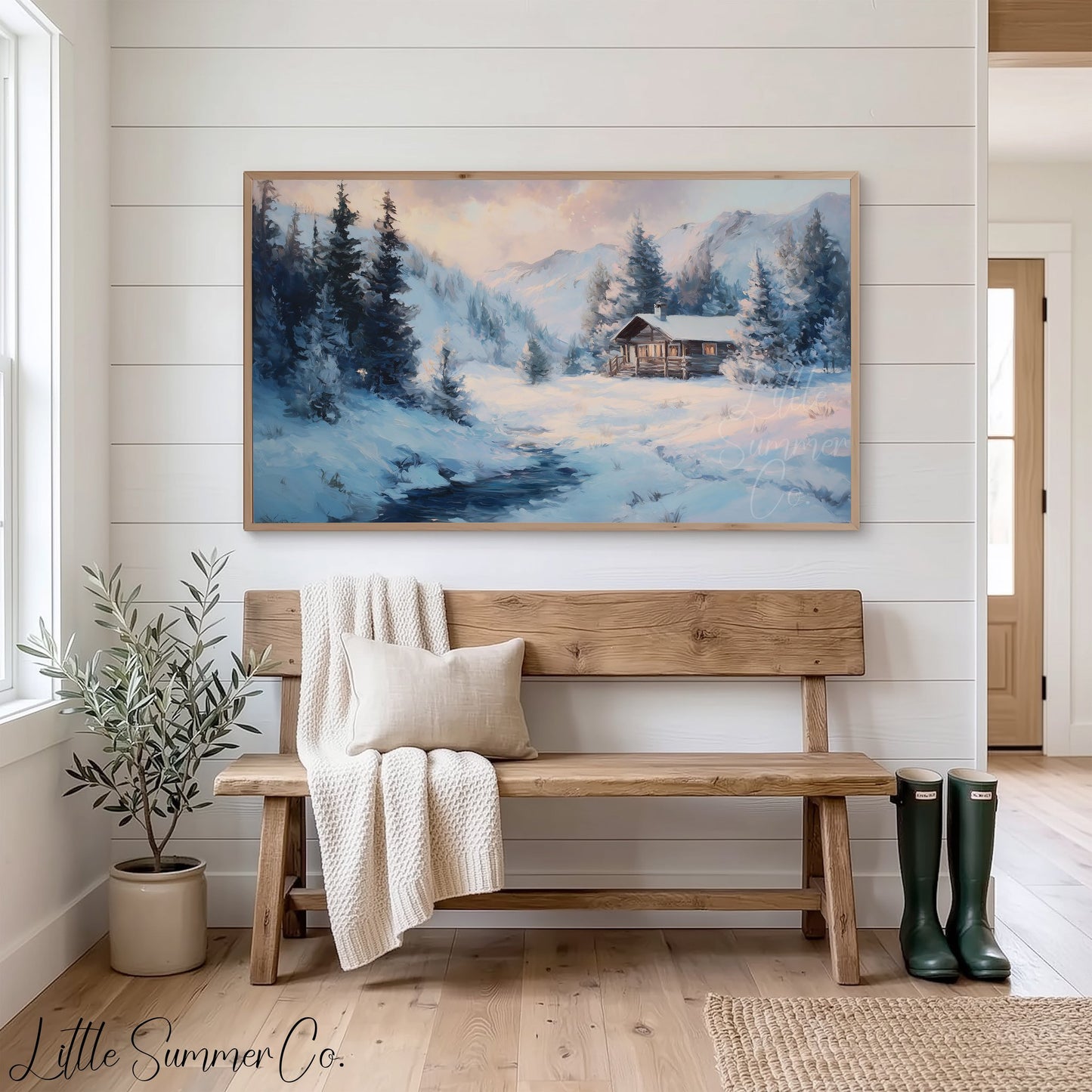 Mountain Cabin Stream Frame TV Art displayed on a TV