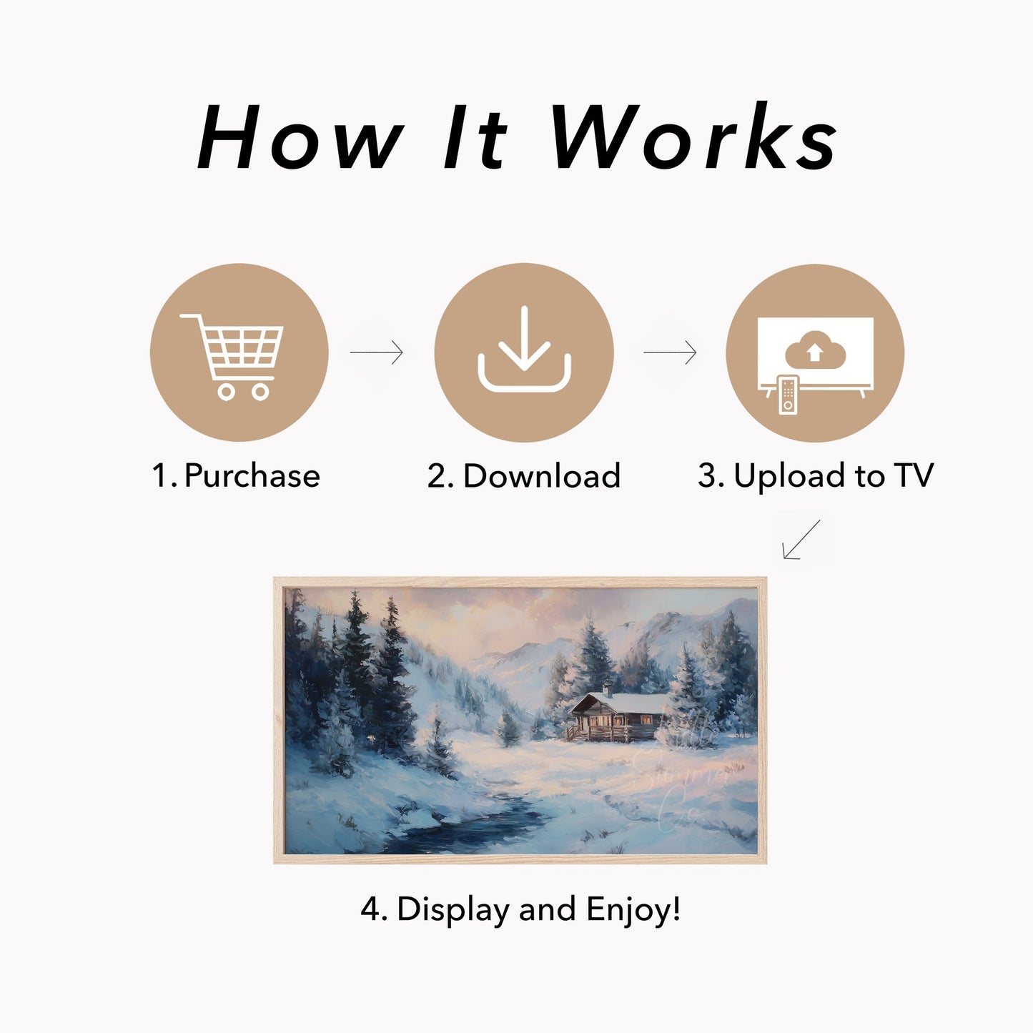 Mountain Cabin Stream Frame TV Art displayed on a TV