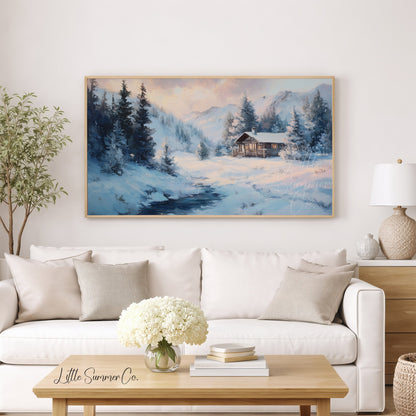 Mountain Cabin Stream Frame TV Art displayed on a TV