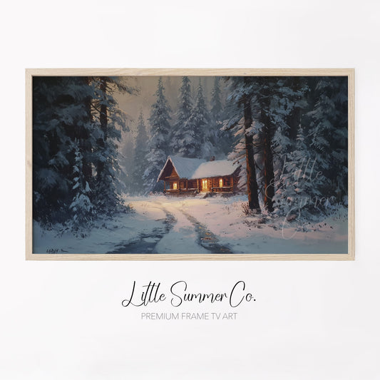 Snowy Cabin Path Frame TV Art displayed on a TV