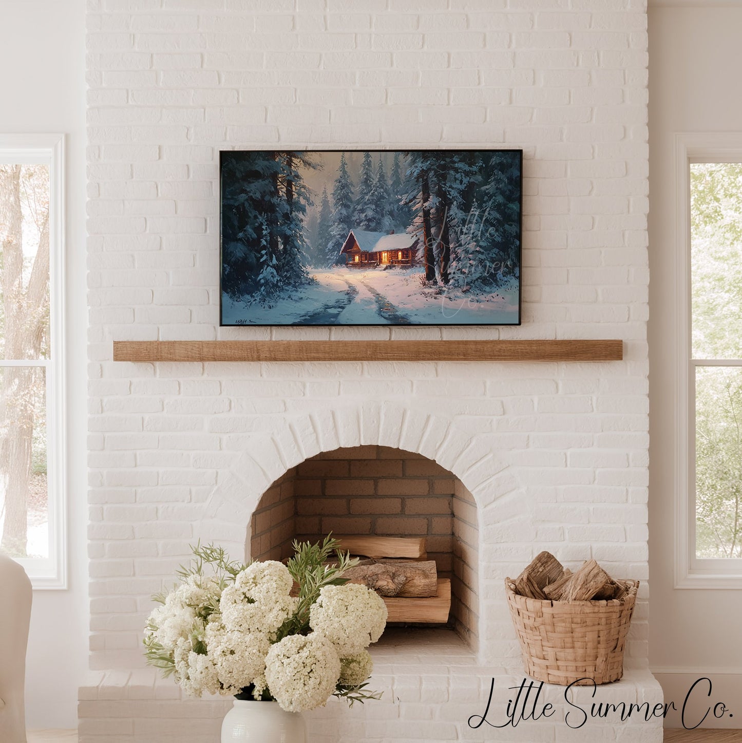 Snowy Cabin Path Frame TV Art displayed on a TV