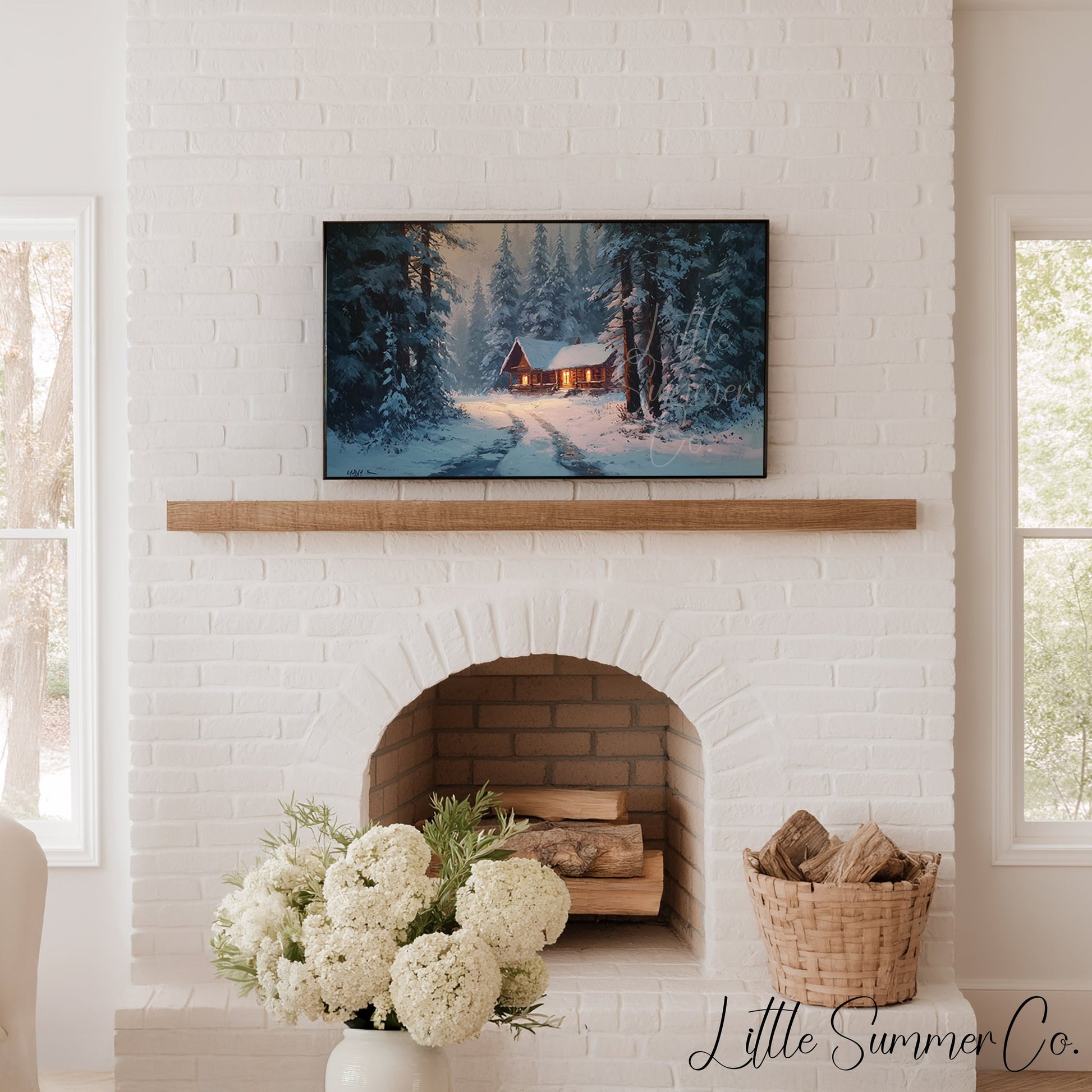 Snowy Cabin Path Frame TV Art displayed on a TV