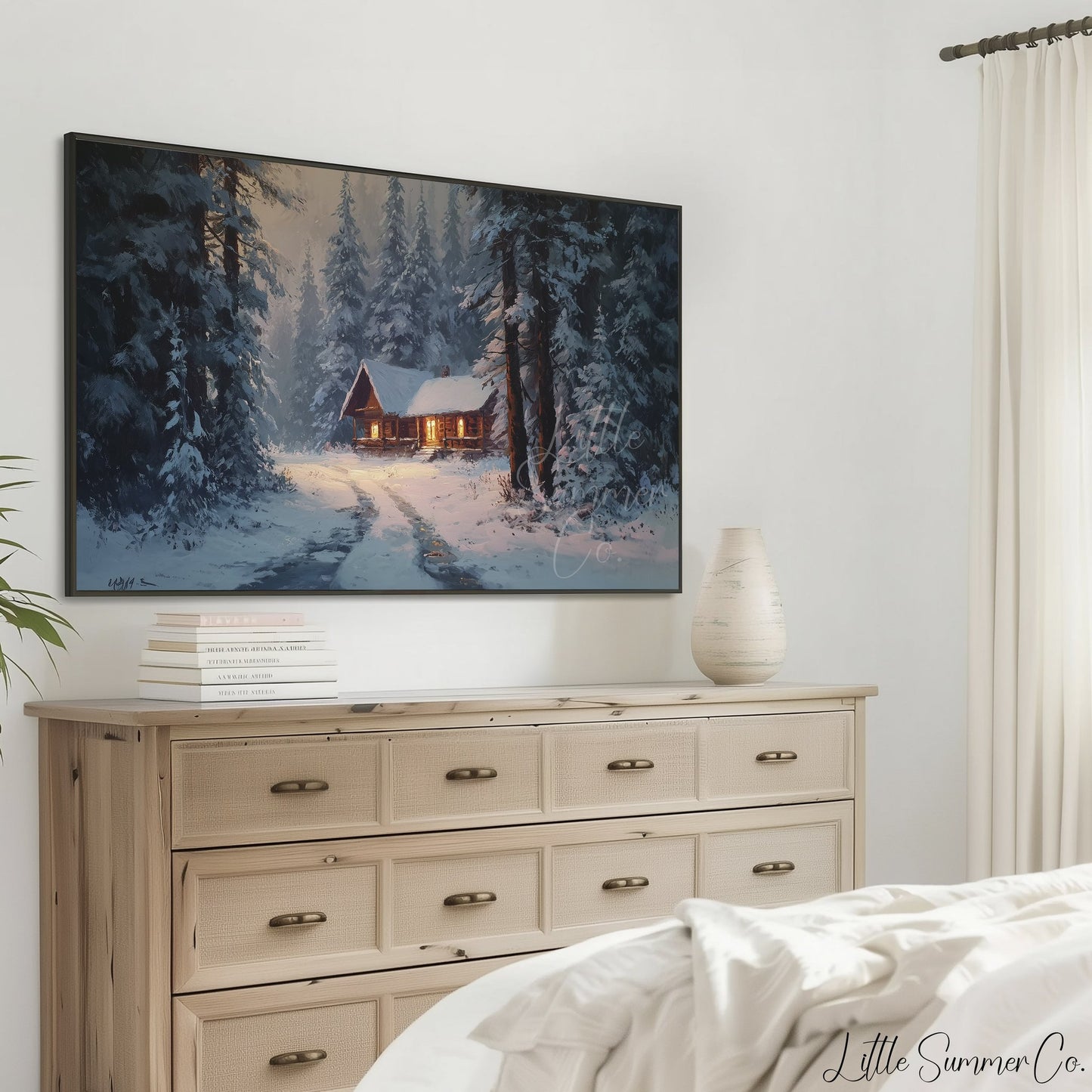 Snowy Cabin Path Frame TV Art displayed on a TV