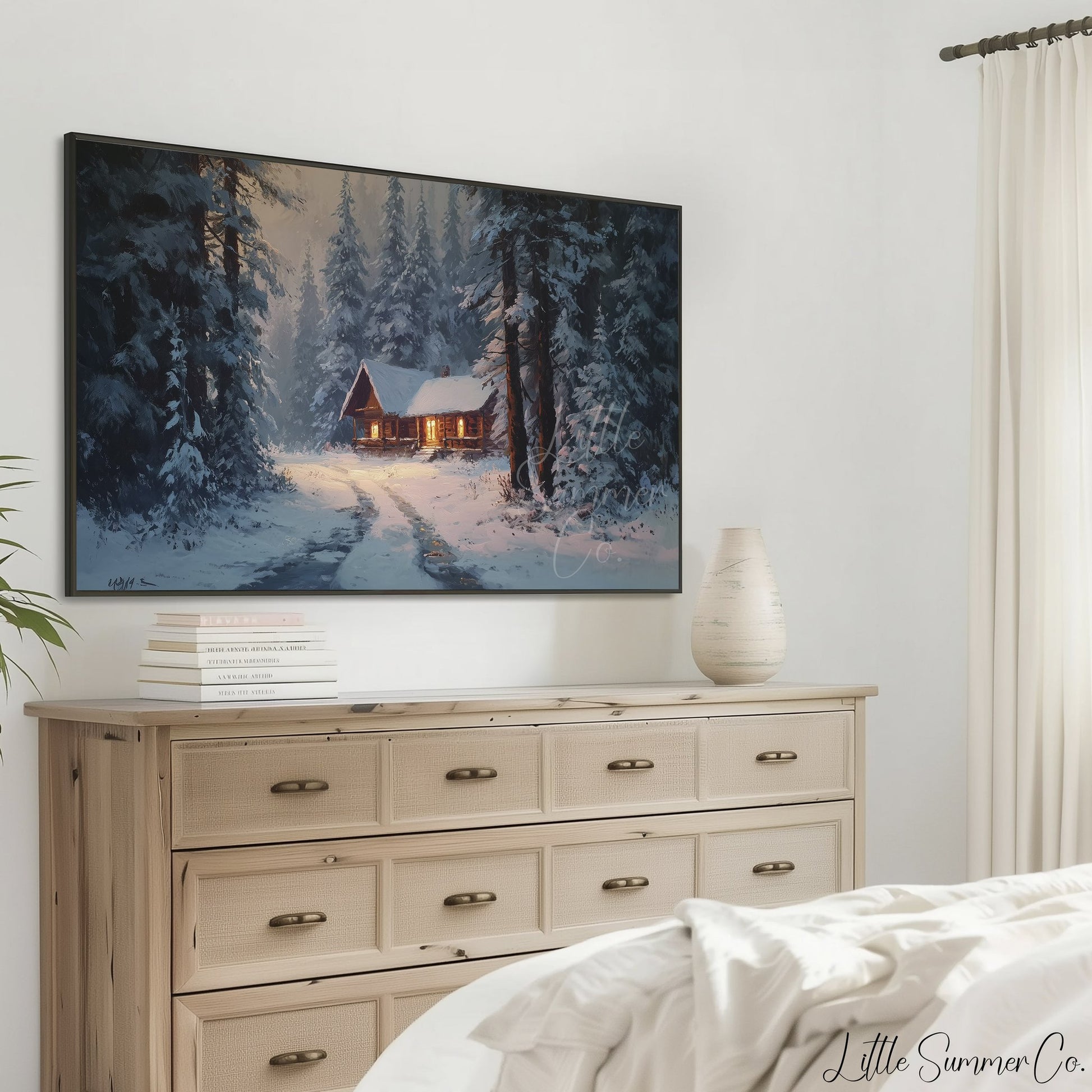 Snowy Cabin Path Frame TV Art displayed on a TV
