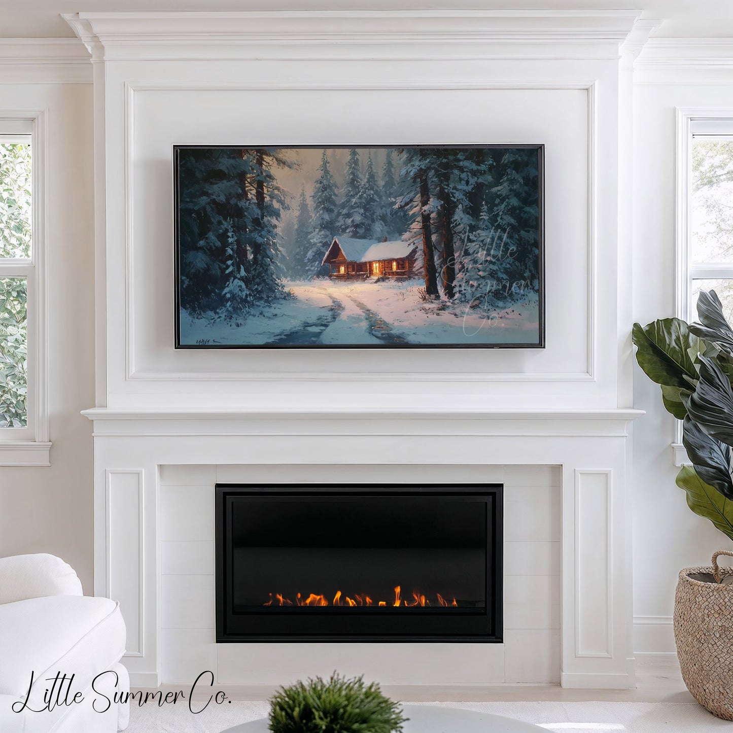 Snowy Cabin Path Frame TV Art displayed on a TV