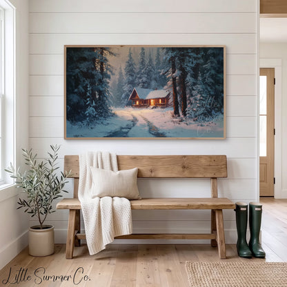 Snowy Cabin Path Frame TV Art displayed on a TV