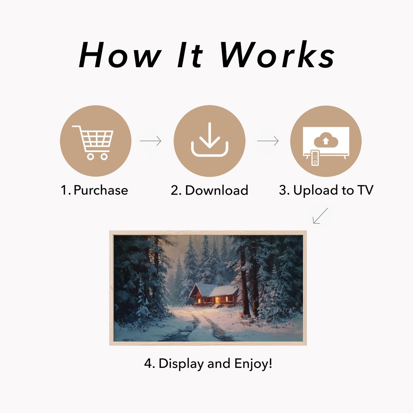 Snowy Cabin Path Frame TV Art displayed on a TV