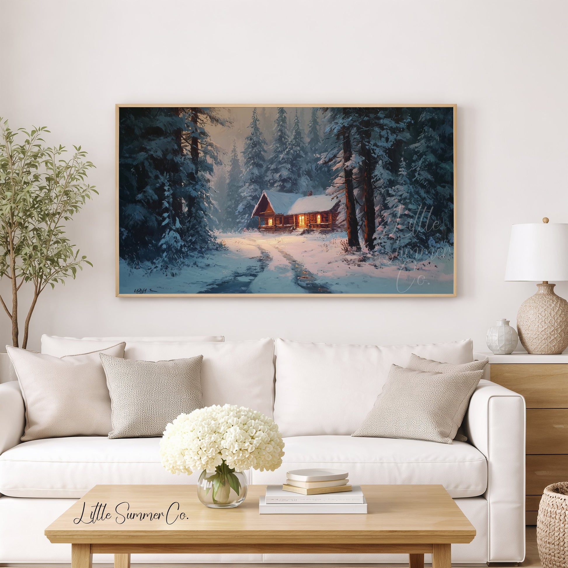 Snowy Cabin Path Frame TV Art displayed on a TV