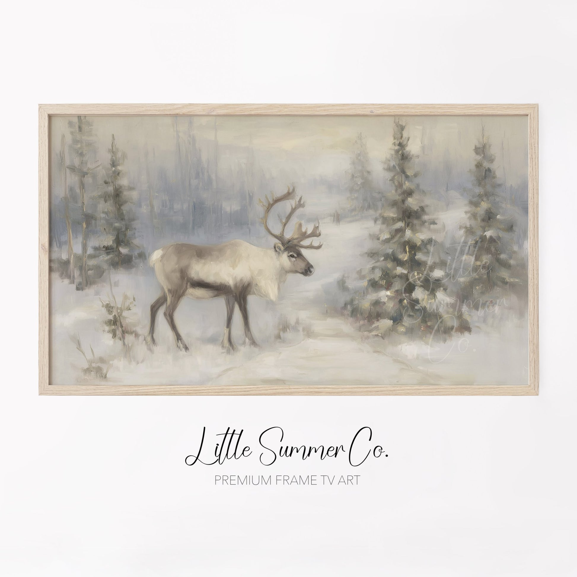 Snowy Reindeer Frame TV Art displayed on a TV