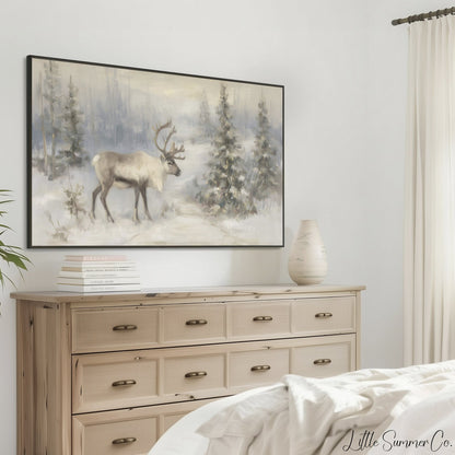 Snowy Reindeer Frame TV Art displayed on a TV