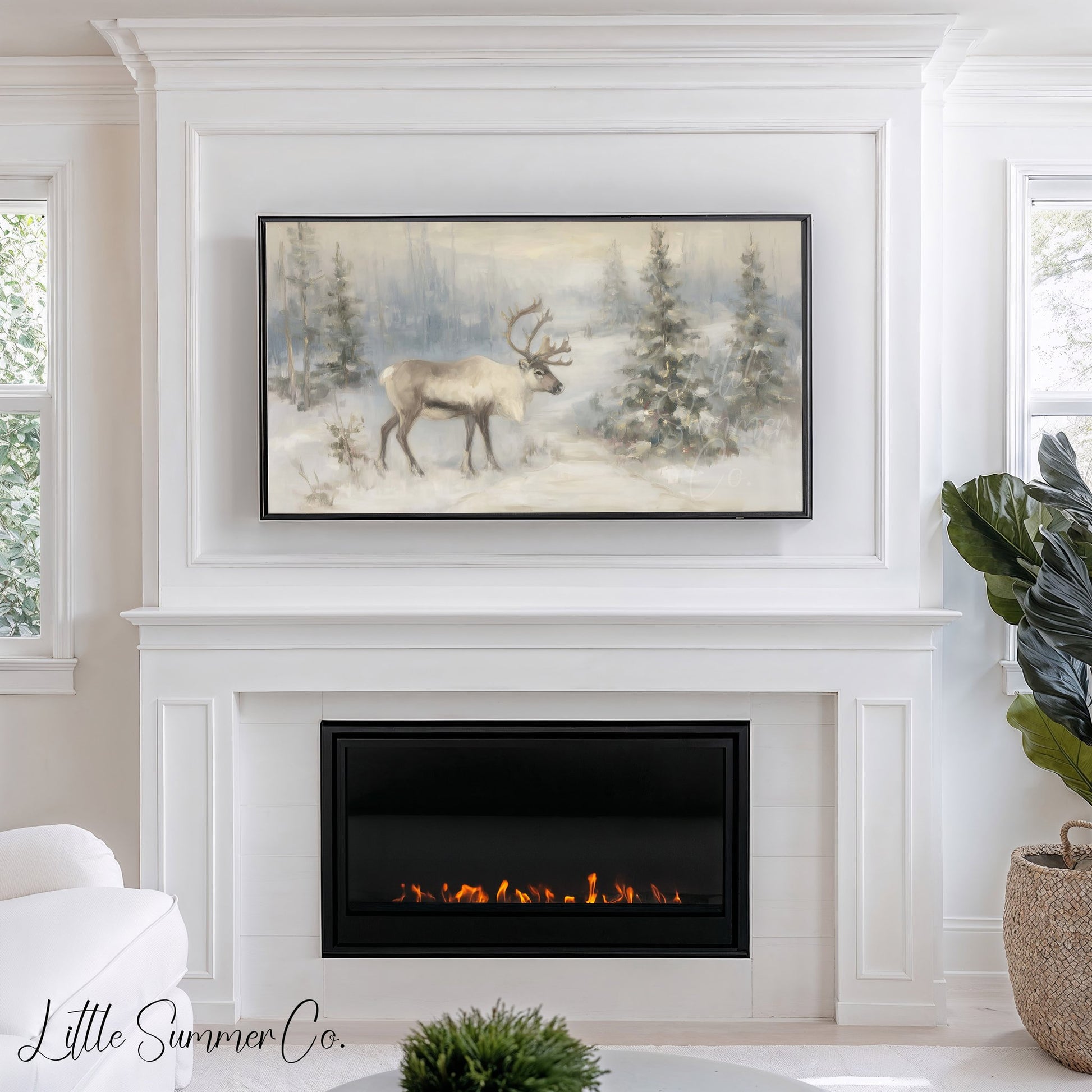 Snowy Reindeer Frame TV Art displayed on a TV