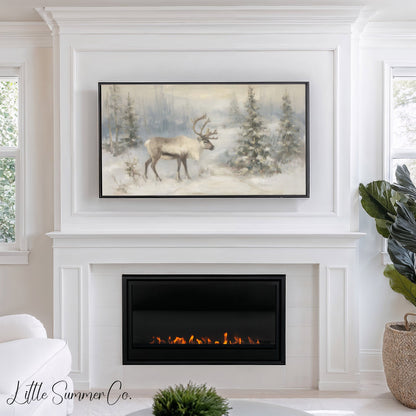 Snowy Reindeer Frame TV Art displayed on a TV