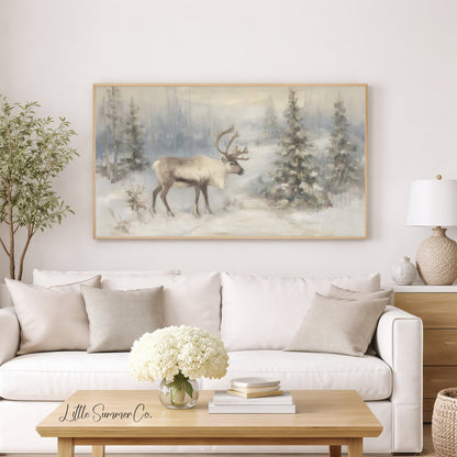 Snowy Reindeer Frame TV Art displayed on a TV