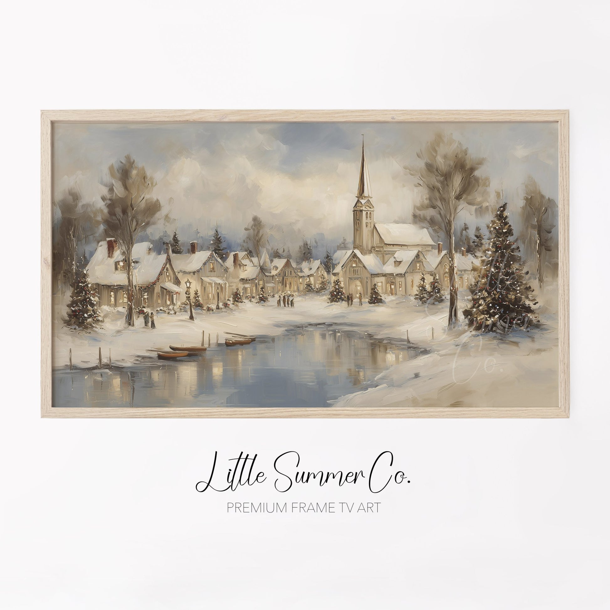 Snowy Christmas Village Lakeside Frame TV Art displayed on a TV