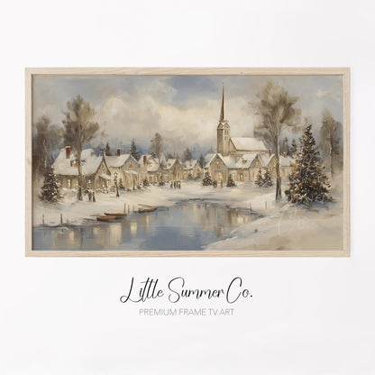 Snowy Christmas Village Lakeside Frame TV Art displayed on a TV
