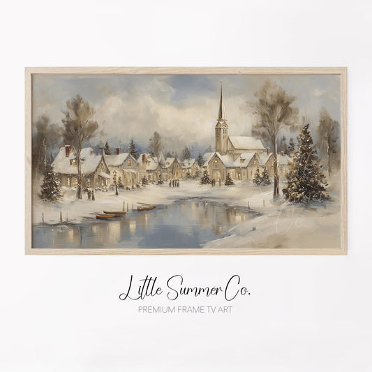 Snowy Christmas Village Lakeside Frame TV Art displayed on a TV