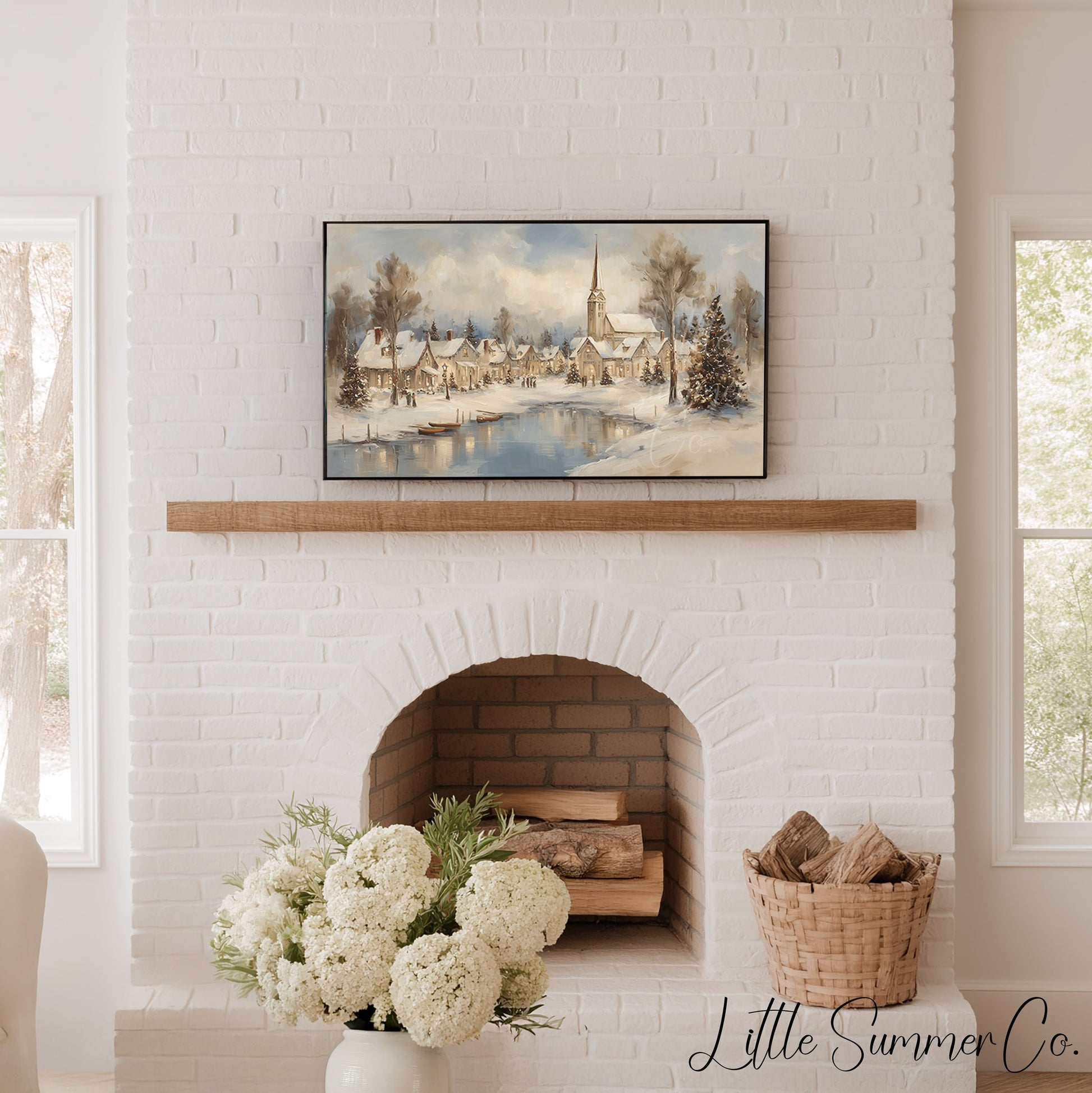 Snowy Christmas Village Lakeside Frame TV Art displayed on a TV