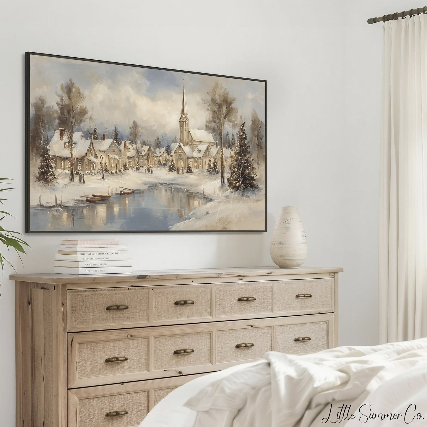 Snowy Christmas Village Lakeside Frame TV Art displayed on a TV