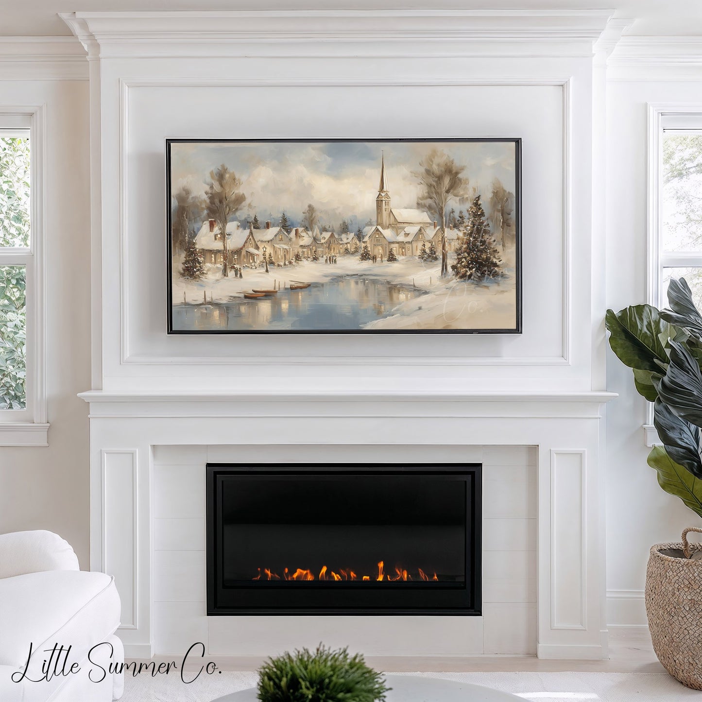 Snowy Christmas Village Lakeside Frame TV Art displayed on a TV