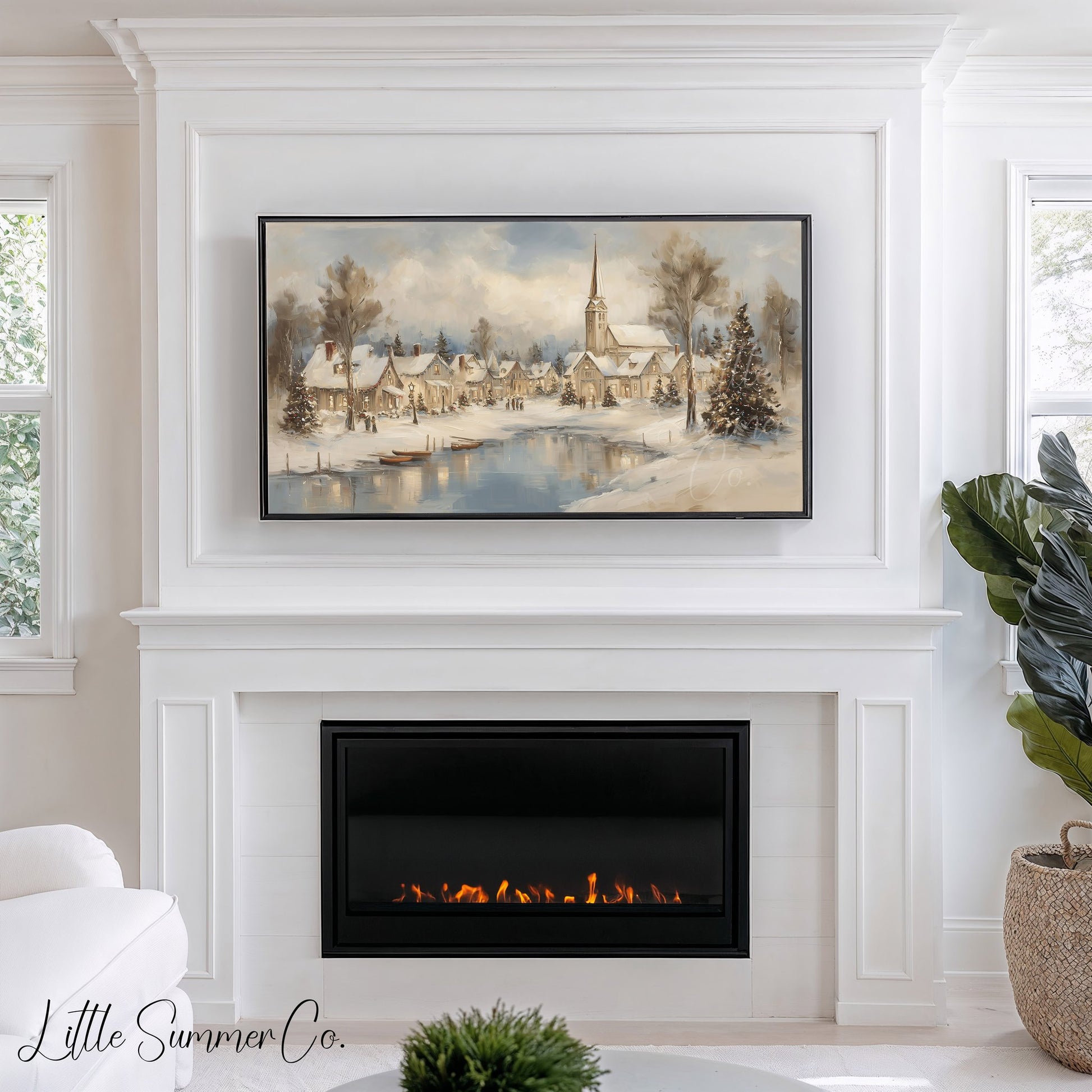 Snowy Christmas Village Lakeside Frame TV Art displayed on a TV