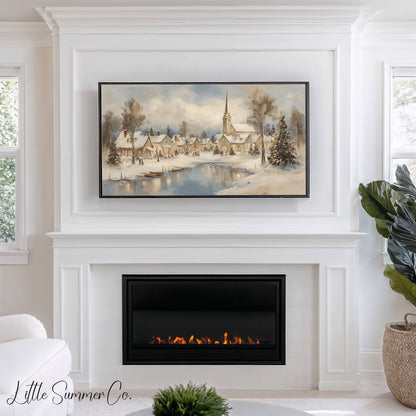 Snowy Christmas Village Lakeside Frame TV Art displayed on a TV