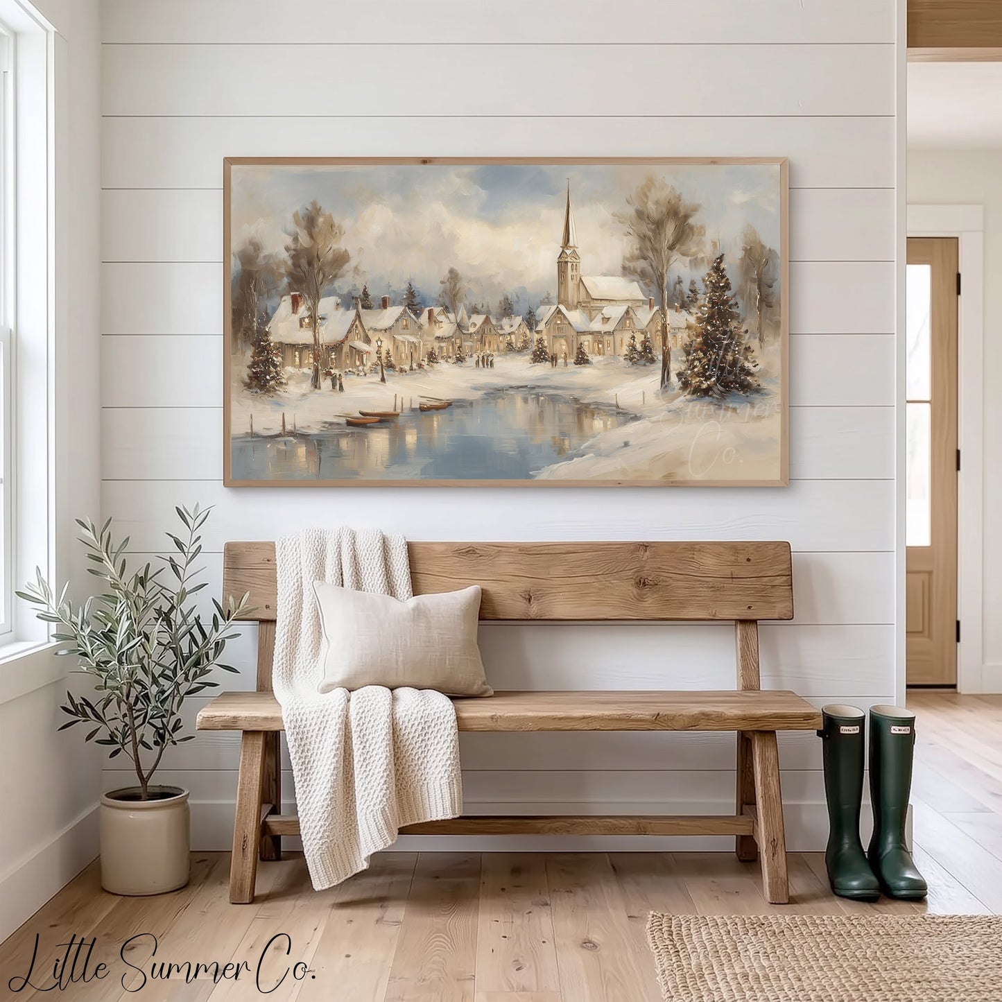 Snowy Christmas Village Lakeside Frame TV Art displayed on a TV