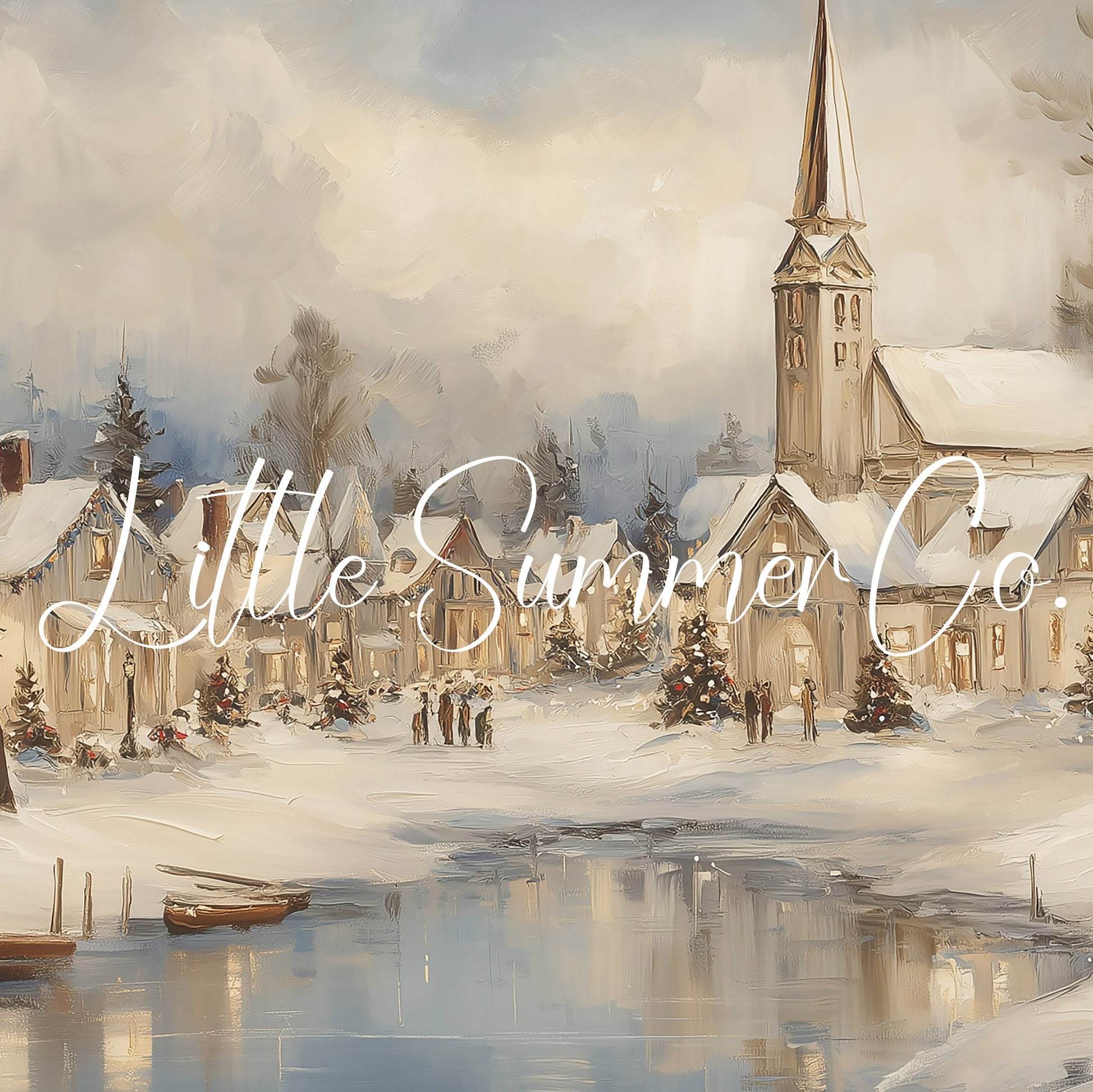 Snowy Christmas Village Lakeside Frame TV Art displayed on a TV