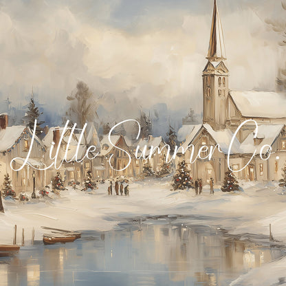 Snowy Christmas Village Lakeside Frame TV Art displayed on a TV