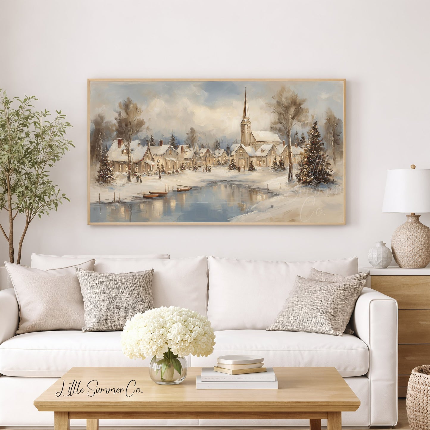Snowy Christmas Village Lakeside Frame TV Art displayed on a TV